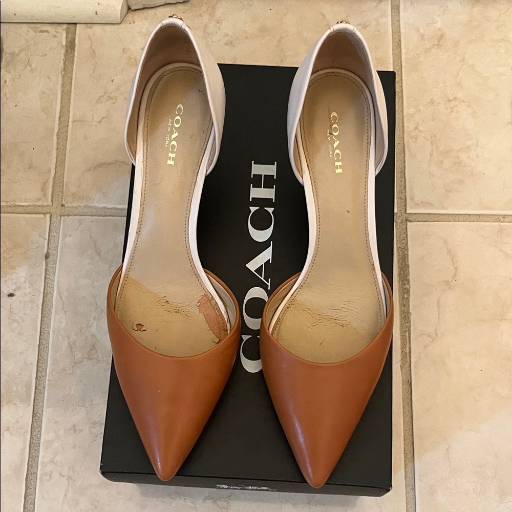 COACH Two-Tone Pointed D'Orsay Flats in Brown and Cream